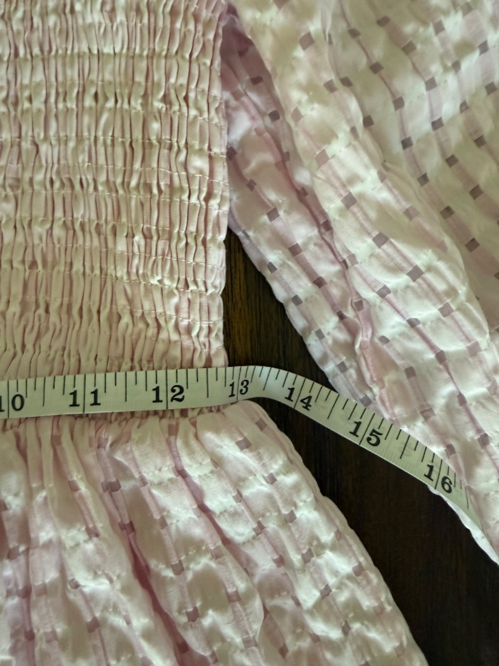 MABLE Pink Smocked Puff Sleeve Textured Check Tiered Babydoll Mini Dress Small - Picture 16 of 16